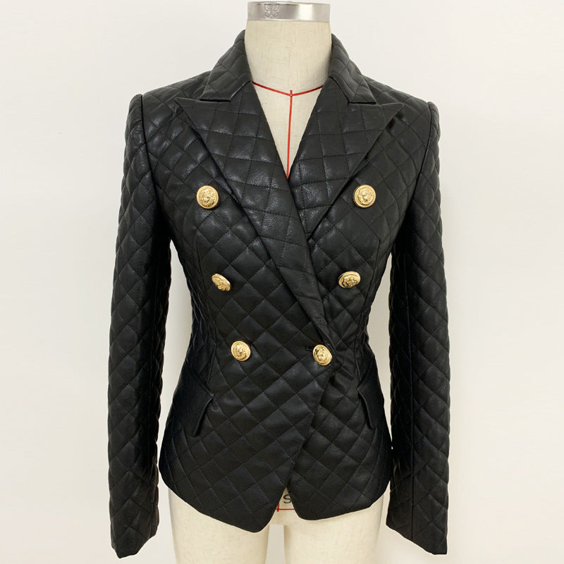 Slim-Fit Quilted PU Leather Blazer Jacket