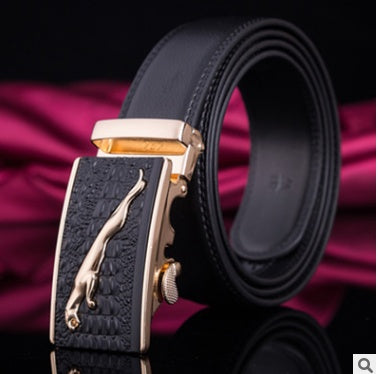 Men's Leather Automatic Buckle Belt 3.55CM Wide with Gold Buckle Head