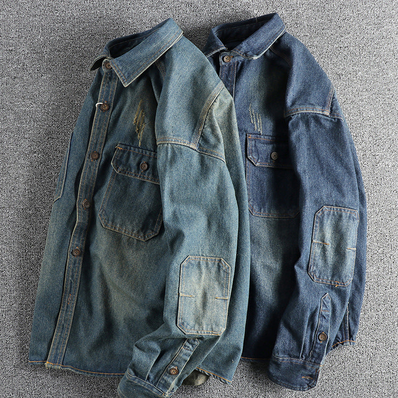 Vintage Washed Cotton Denim Shirt for Men in Light & Dark Blue