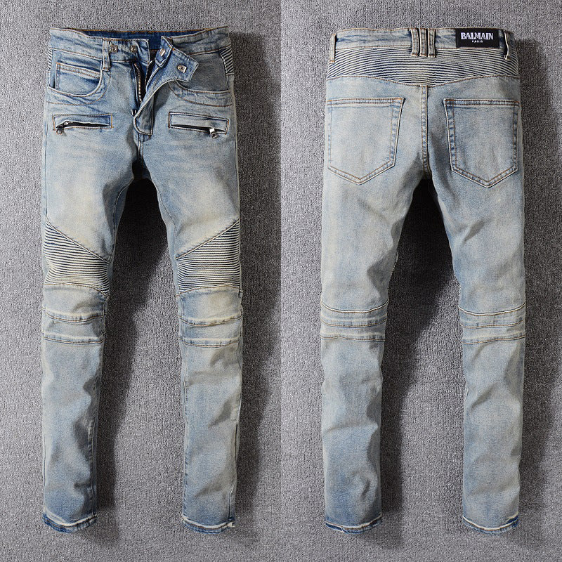 Jean de motard Coupe droite Taille mi-haute Effets d'abrasion et de vieillissement