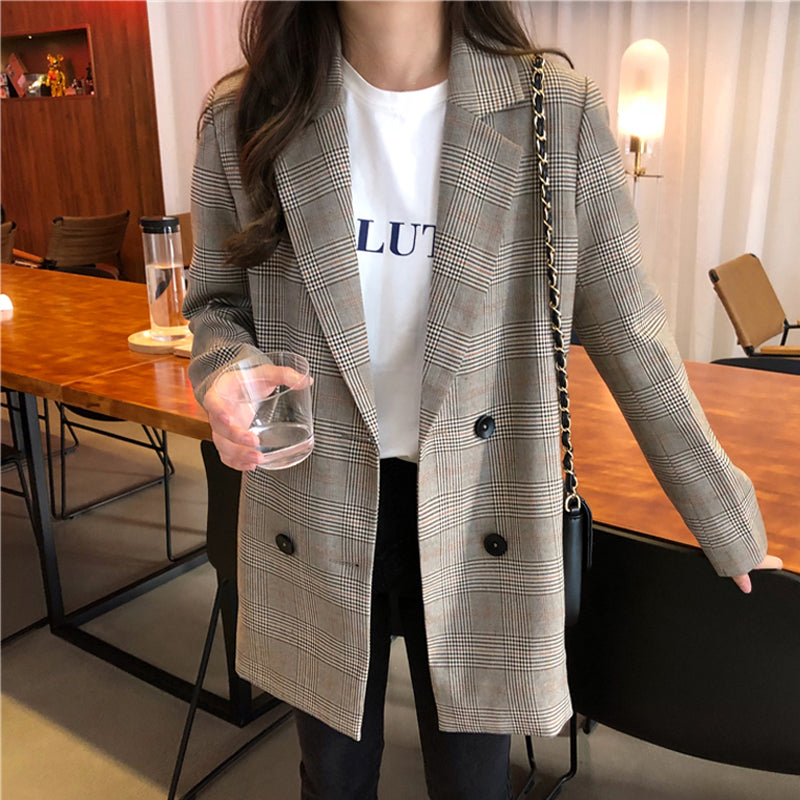 Plaid Ladies Blazer Double-Breasted Medium Length