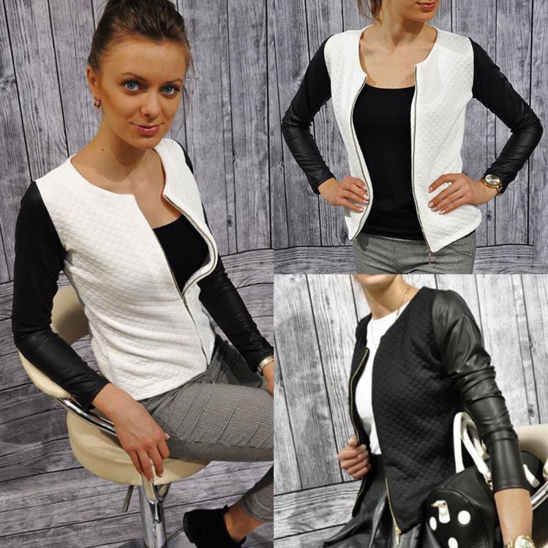 Women’s PU Leather Patchwork Plaid Slim Short Jacket Blazer Coat for Spring Autumn