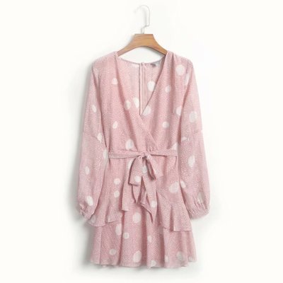 V-neck long sleeve waist tie polka dot print