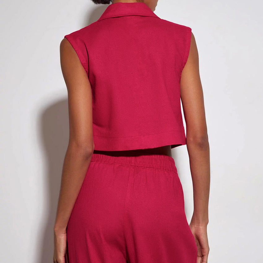 Gilet de costume pantalon large taille haute couleur unie