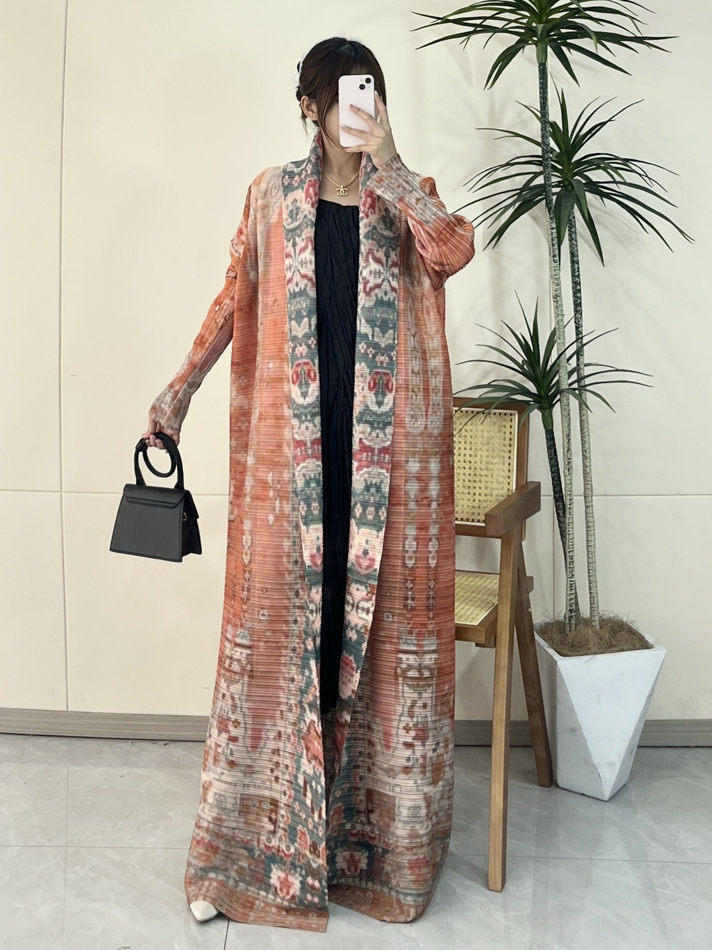 Pleated Print Fashionable All-match Lace-up Loose Arabian Abaya Robe
