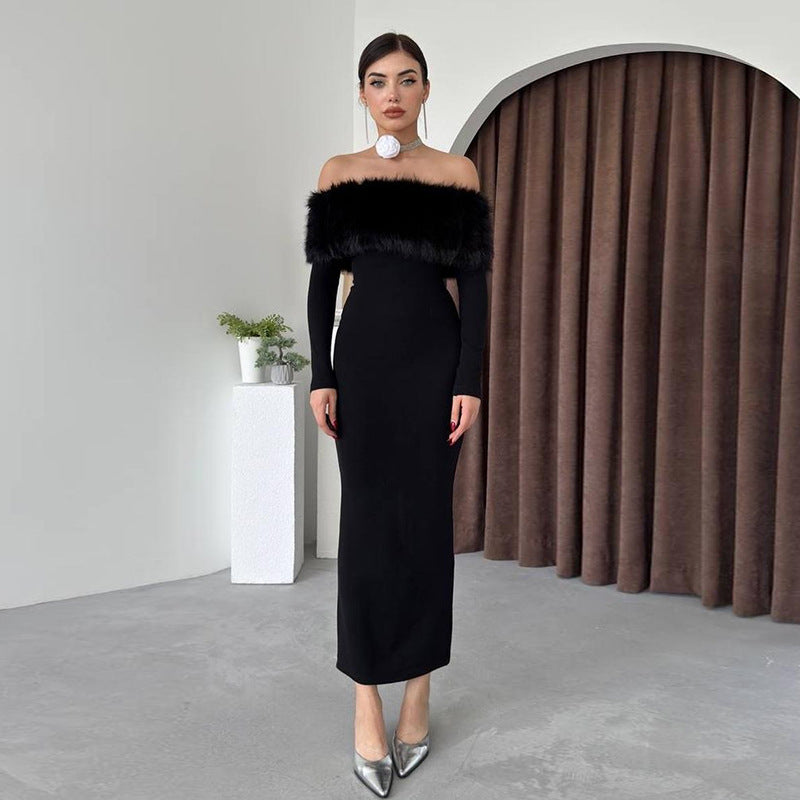 Off-Shoulder Black Fur Collar Slim Fit Dress for Women S-L