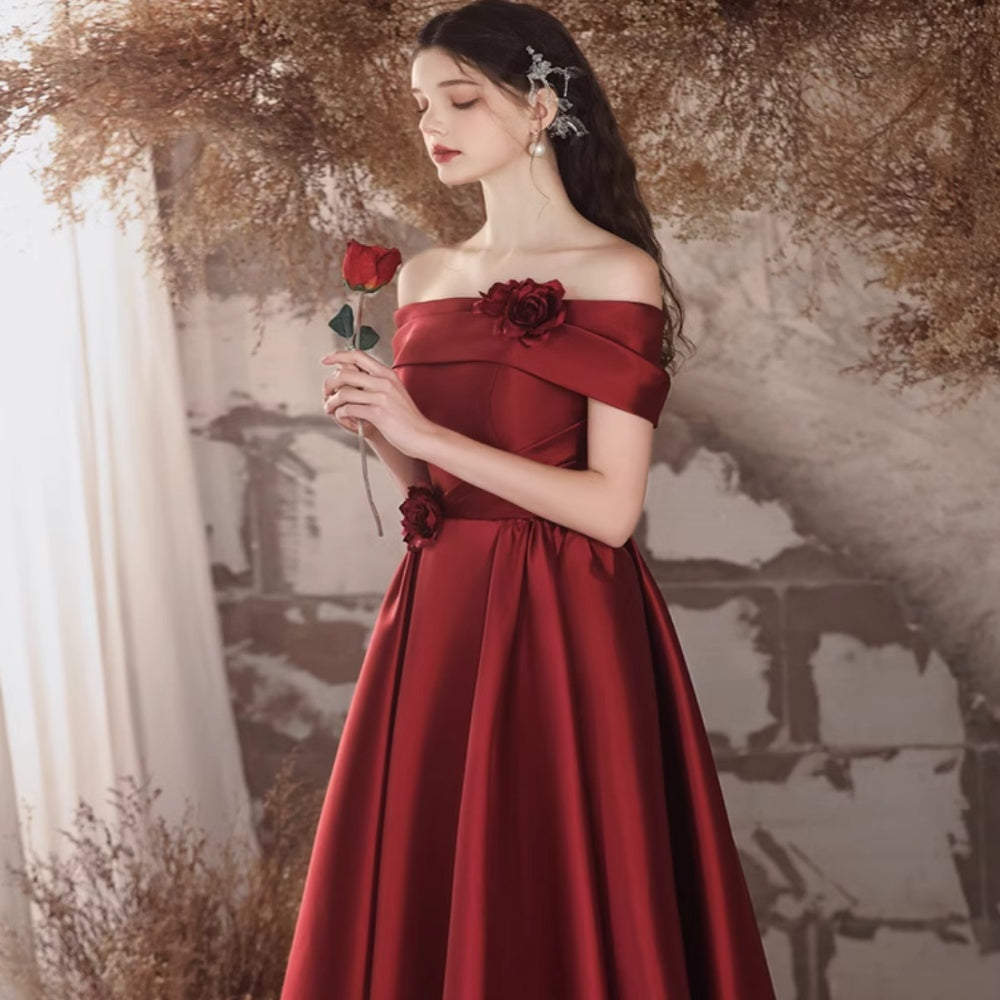 Off-Shoulder Wine Red Satin Toast Wedding Evening Dress
