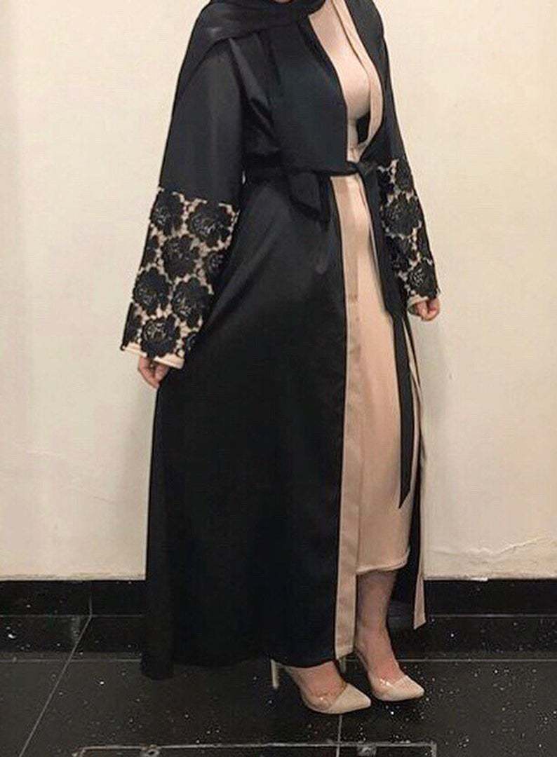 Black Lace Cuffs Long Sleeve Loose Lace-Up Cardigan Robe for Women S-2XL