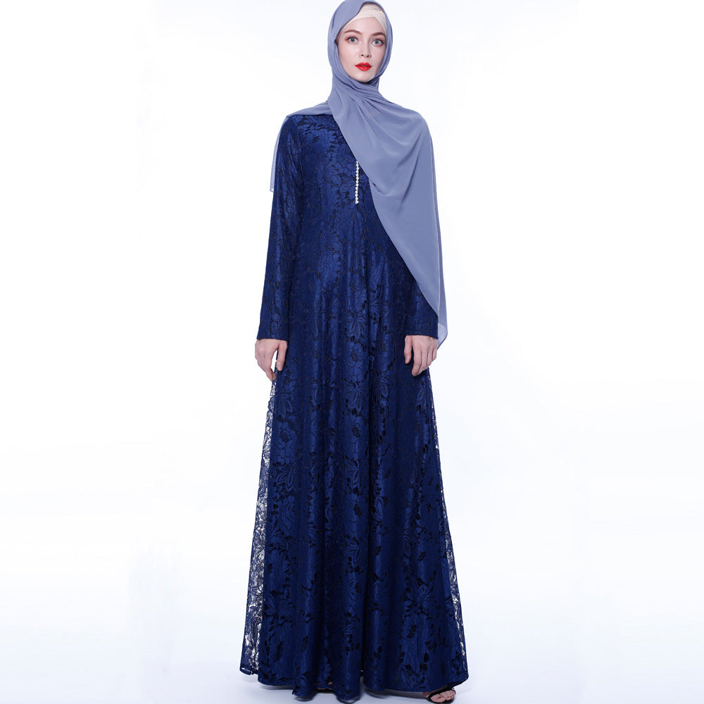 Arab Women's Summer Lace Muslim Dress Long Sleeve A-Line