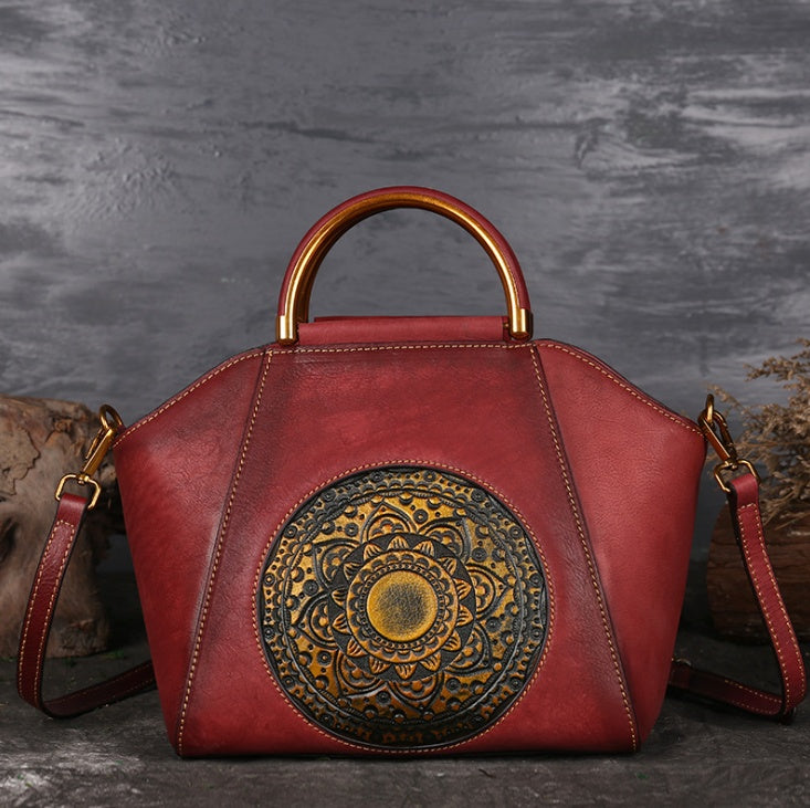 Sac fourre-tout en cuir véritable gaufré avec poignée supérieure motif totem rétro taille moyenne