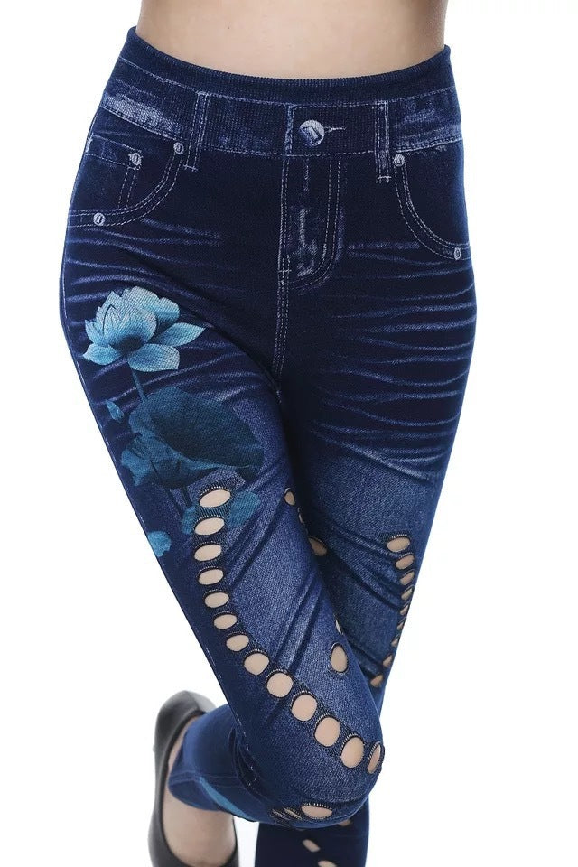 Seamless Cotton Faux Denim Cutout Leggings in Multiple Colors and Sizes