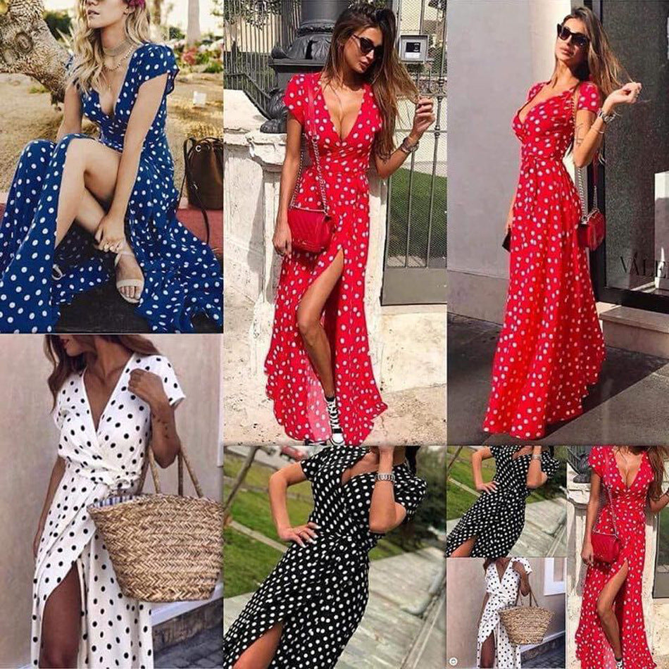 V-Neck Low-Cut Polka Dot Dress