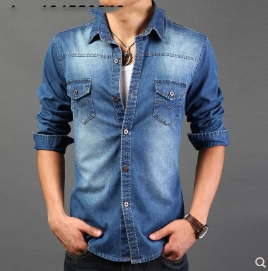 Men's Cotton Denim Shirt Stand Collar Long Sleeve