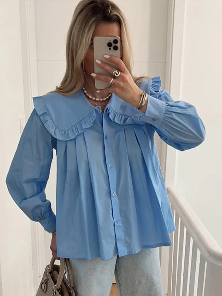 Women's Doll Collar Long-Sleeve Casual Shirt Polyester S-XL