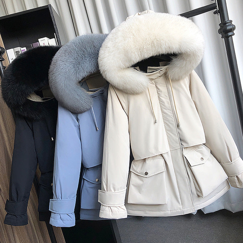 Manteau long d'hiver en duvet pour femme avec capuche en fourrure naturelle de raton laveur et de renard