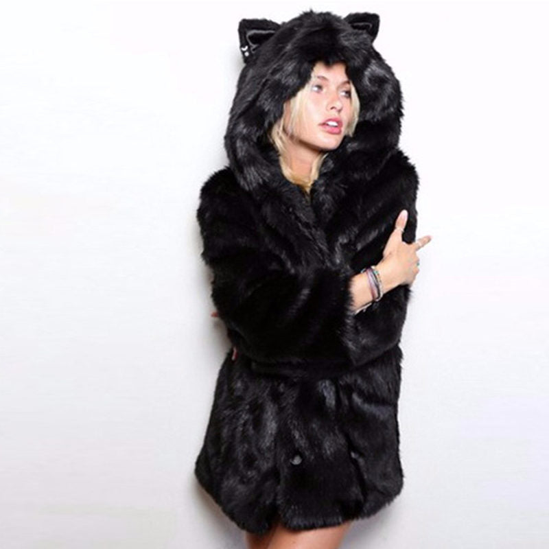 Gray & Black Hooded Rabbit Ears Coat in S-XXXL Artificial Fur