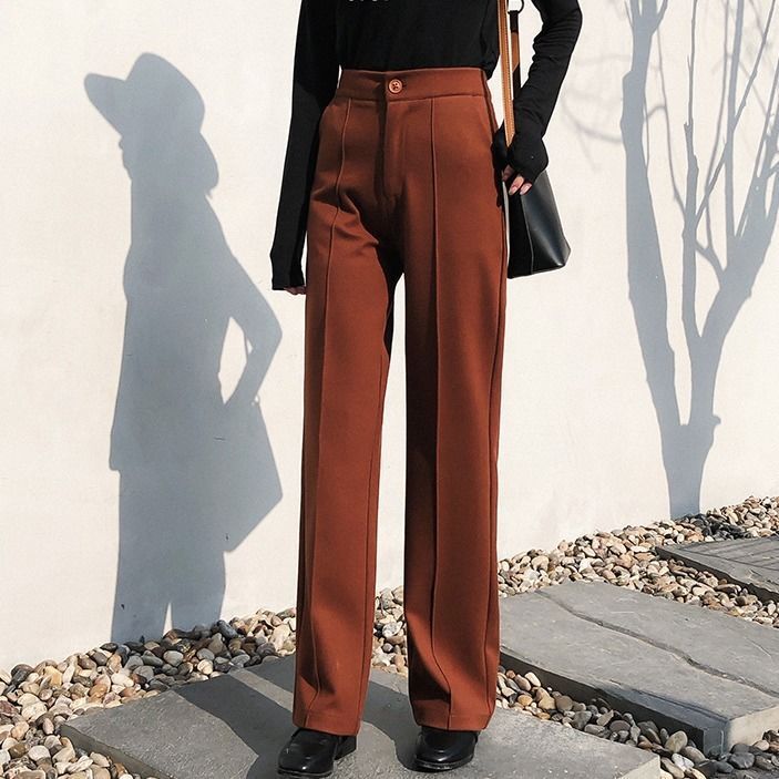 Pantalon droit taille haute en mélange laine et coton