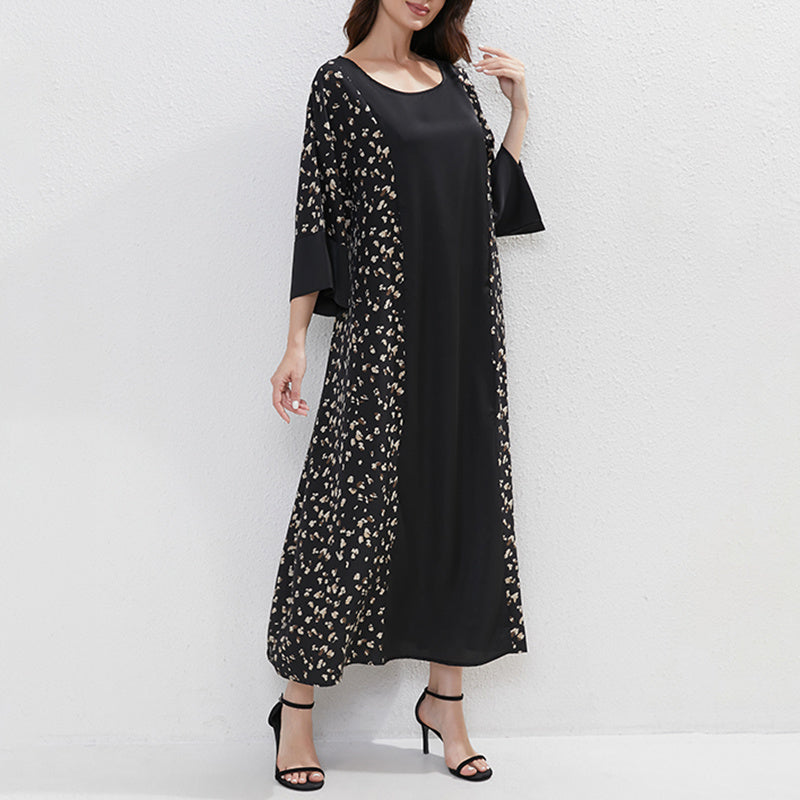 Robe Femme Grande Taille Noire Imprimée à Ceinture en Polyester