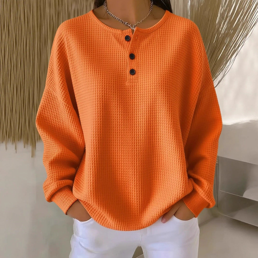 Haut pull à manches longues en tricot gaufré avec boutons, couleur unie, pour femme