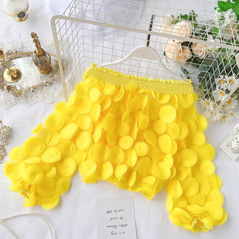 3D Flower Puff Sleeve Cotton Chiffon Top