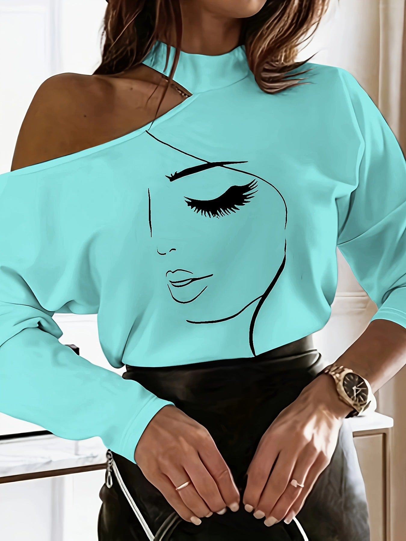Abstract Printing T-shirt Off-the-shoulder Top For Women
