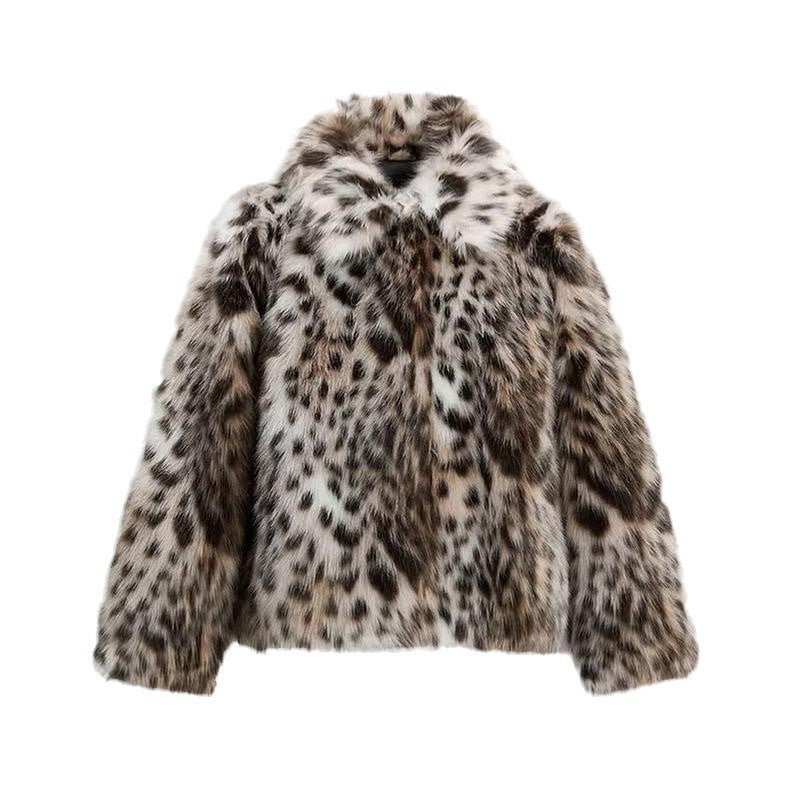 Womens Leopard-Print Casual Warm Coat with Faux Fur Collar