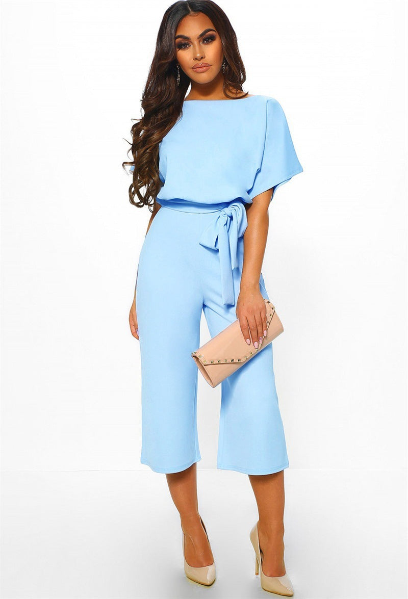Summer Lace-Up Button Short-Sleeve Women's Polyester Jumpsuit