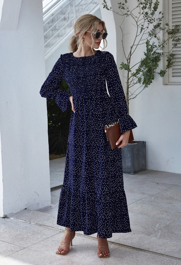 Polka Dot Long Sleeve Cotton Blend Dress in Multiple Colors