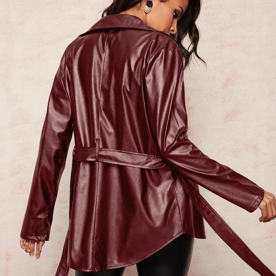 Women's PU Leather Mid-Length Zipper Shirt with Belt in Black & Wine Red
