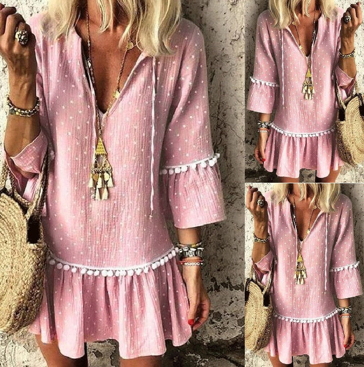 Polka Dot V-Neck Mid-Length Autumn Dress in Pink & Apricot
