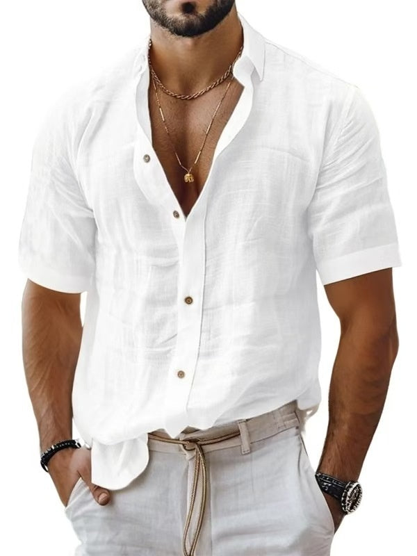 Men's Short Sleeve Cotton Linen Lapel Shirt