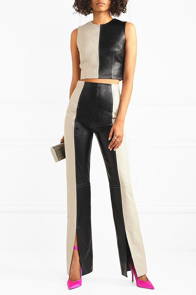 High Waist Slim Two-Tone Patchwork PU Leather Pants