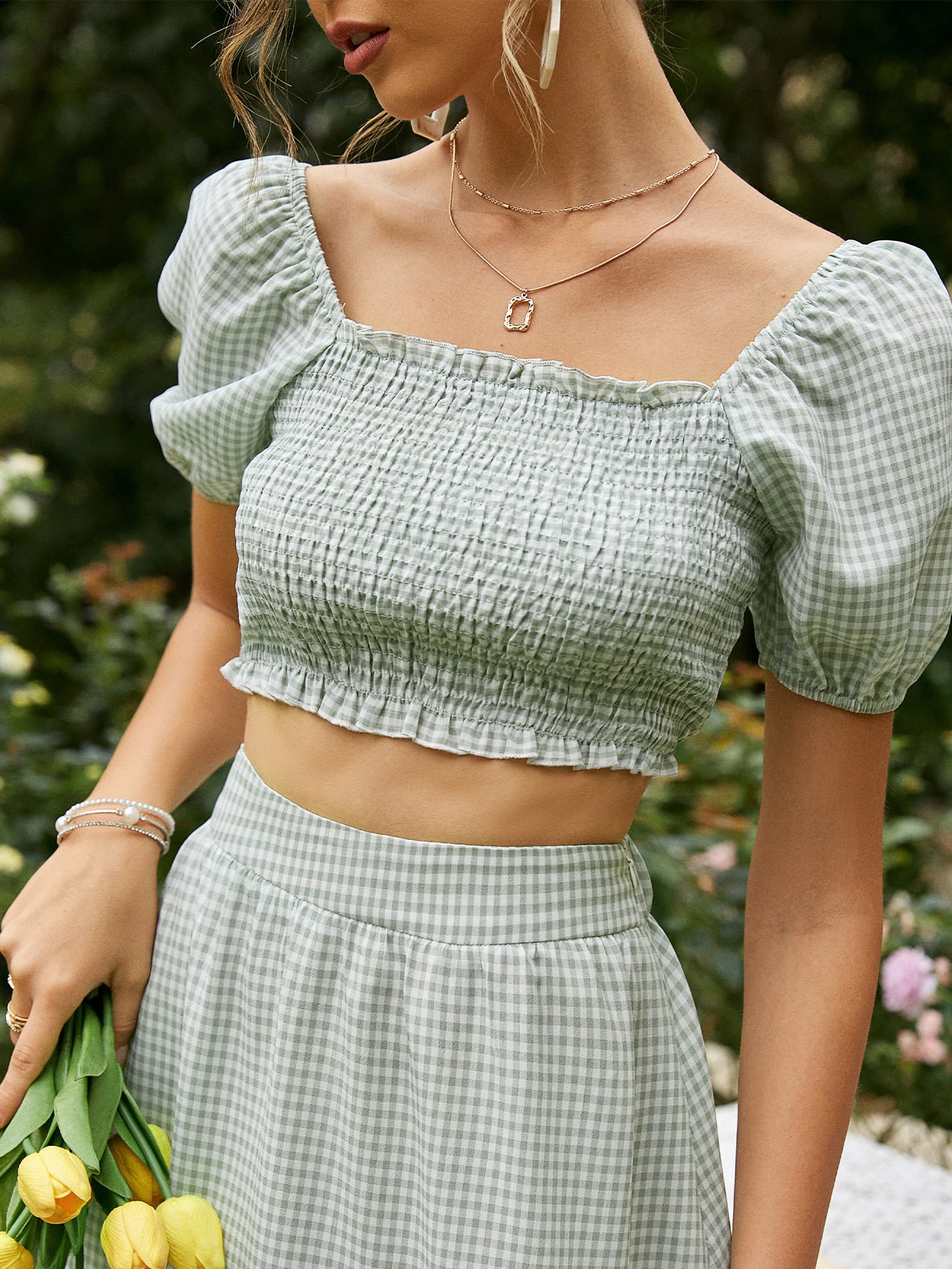 Fashion Casual Commuter Skirt Suit Midi Striped Light Green Polyester