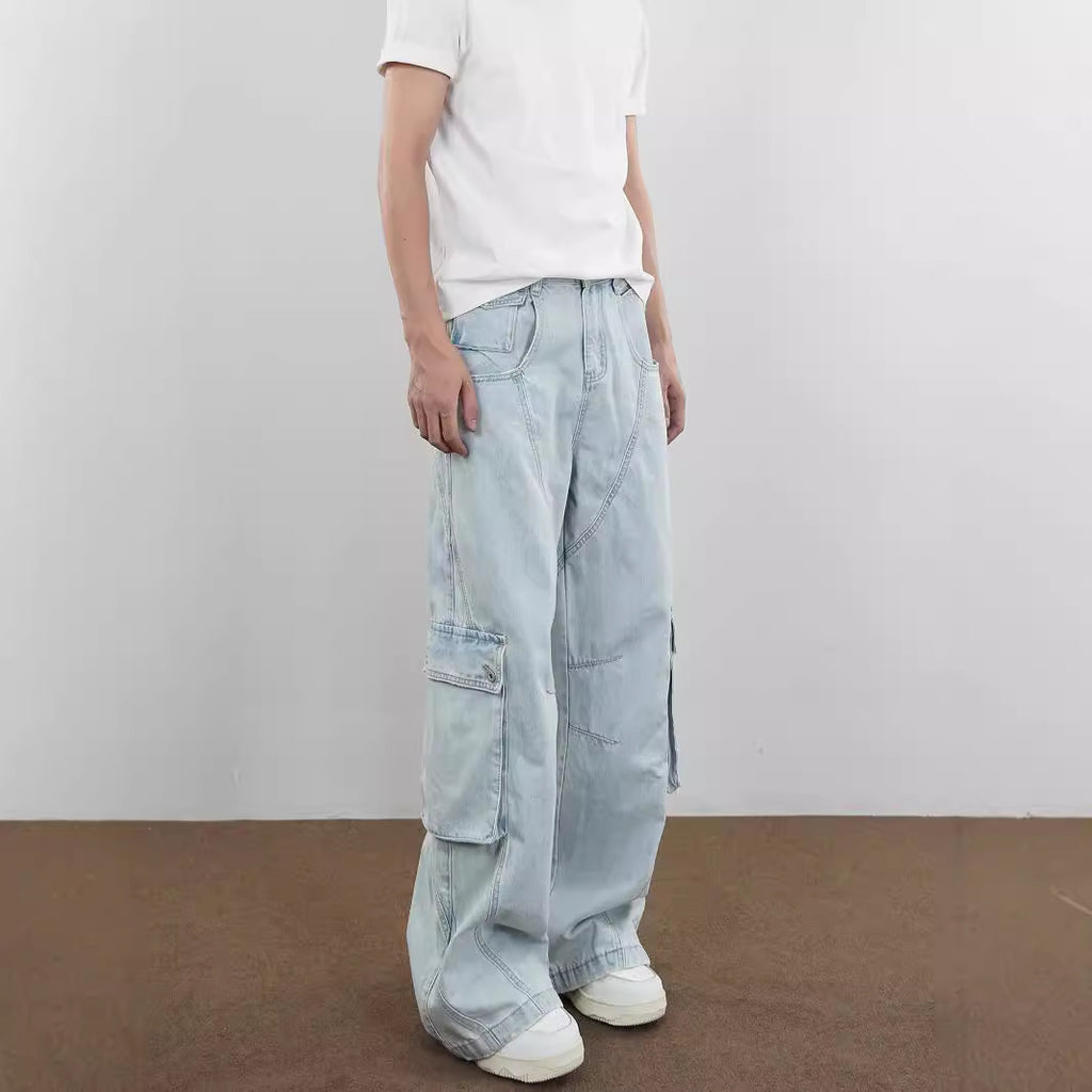 American Retro Gender-Free Blue Cotton Casual Pants Mid Waist S-3XL