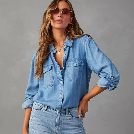 Cross Border Autumn Leisure Lapel Single Breasted Women's Long-sleeved Denim