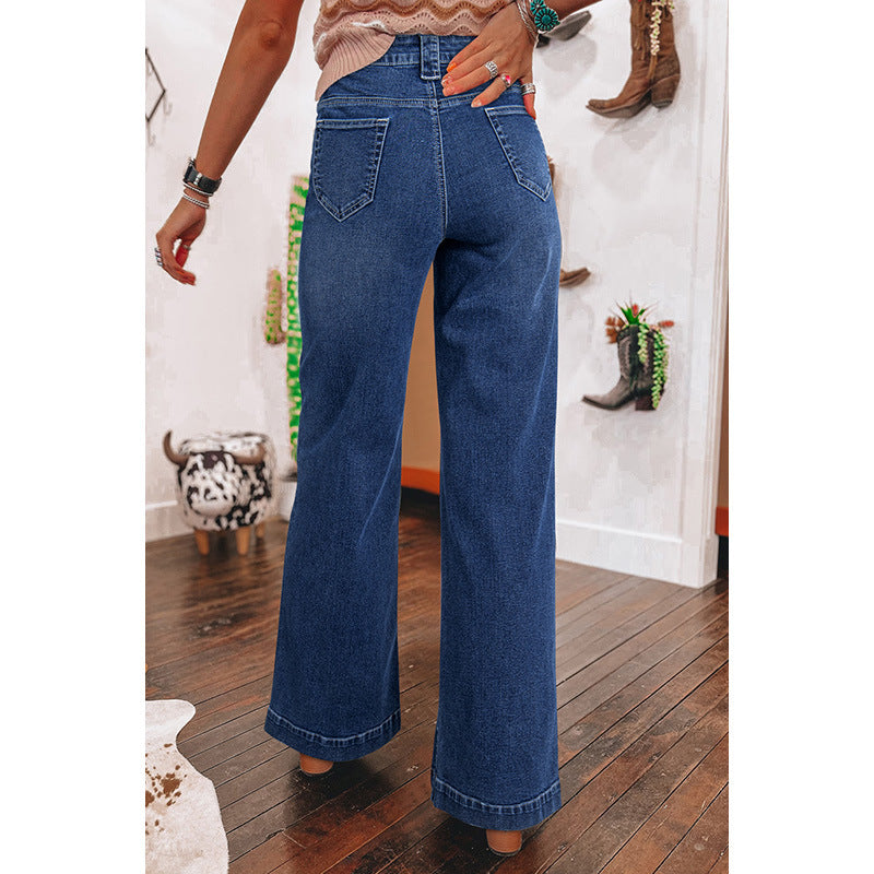Pantalon droit femme taille haute bleu foncé style rétro