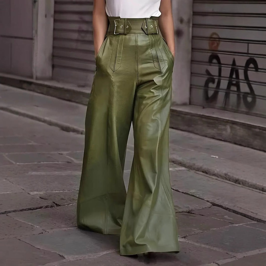 High Waist PU Leather Casual Trousers with Pockets