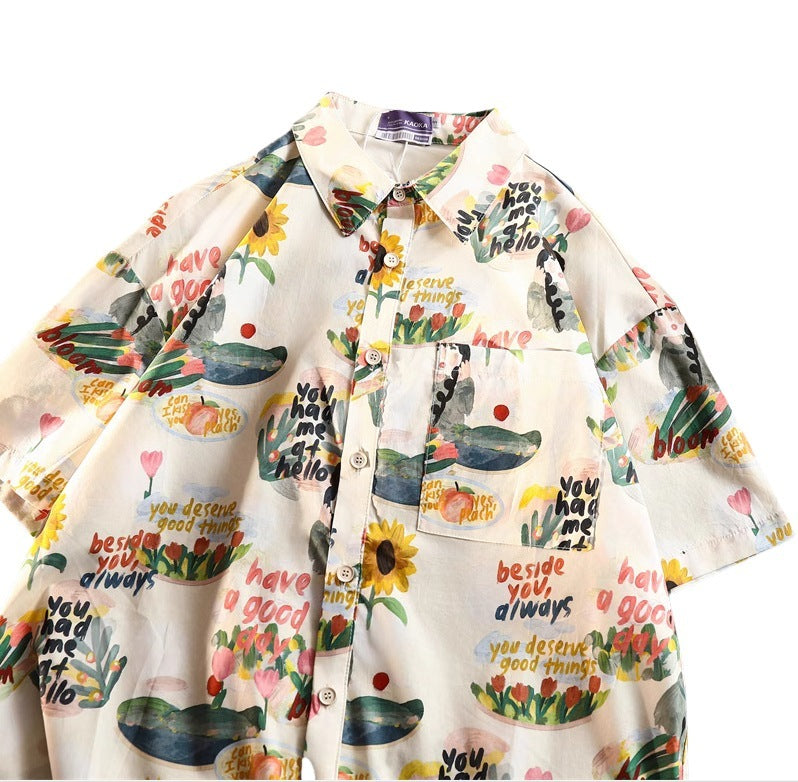 Women's Retro Girly Printed Short-Sleeve Shirt Polyester S-XXXL