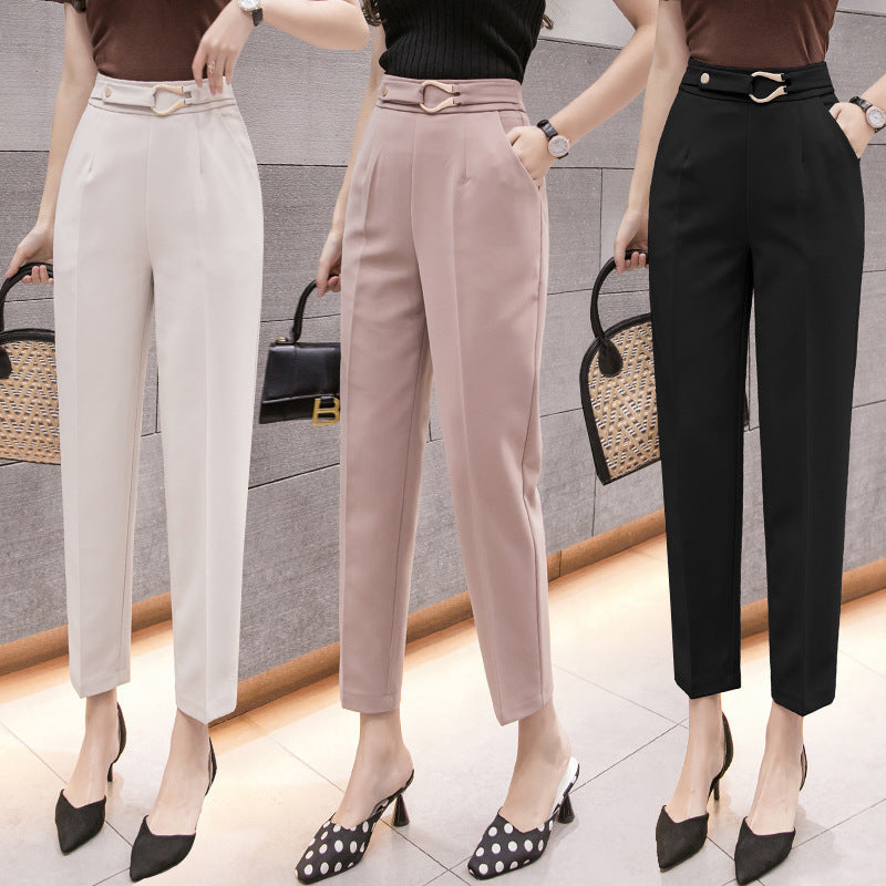 Women's High-Waist Slim Straight-Leg Cropped Casual Trousers