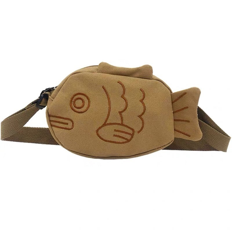 Brown Canvas Medium Round Messenger Bag With Wide Personality Fish Design