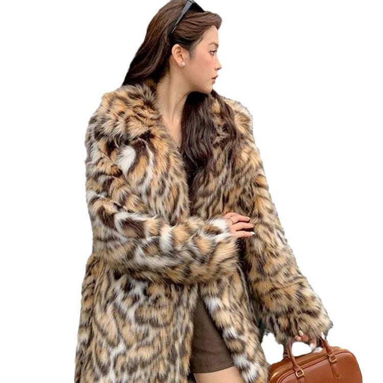 Fashion Long Mid-Length Faux Fox Fur Coat with Collar