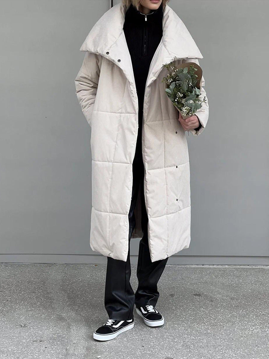 Fashion Large Lapel Long Winter Cotton Coat with Pockets and Lace-Up Design for Women