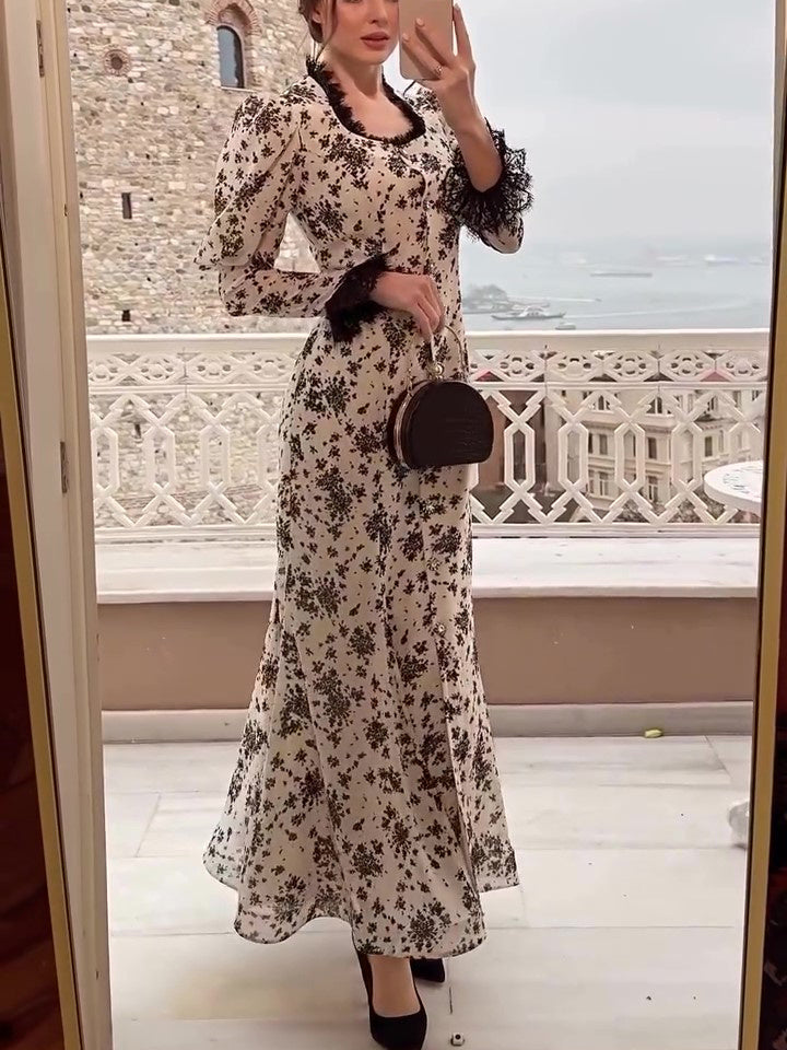 Elegant Print Lace Button Dress