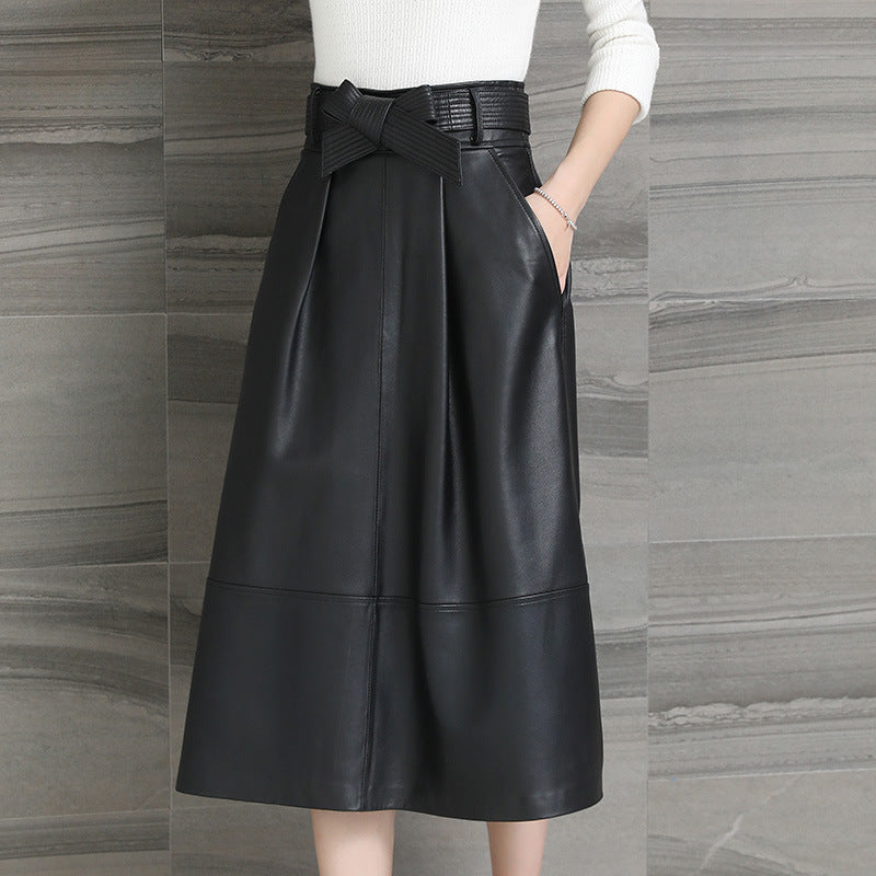 Jupe mi-longue en cuir véritable de mouton pour femme - collection printemps