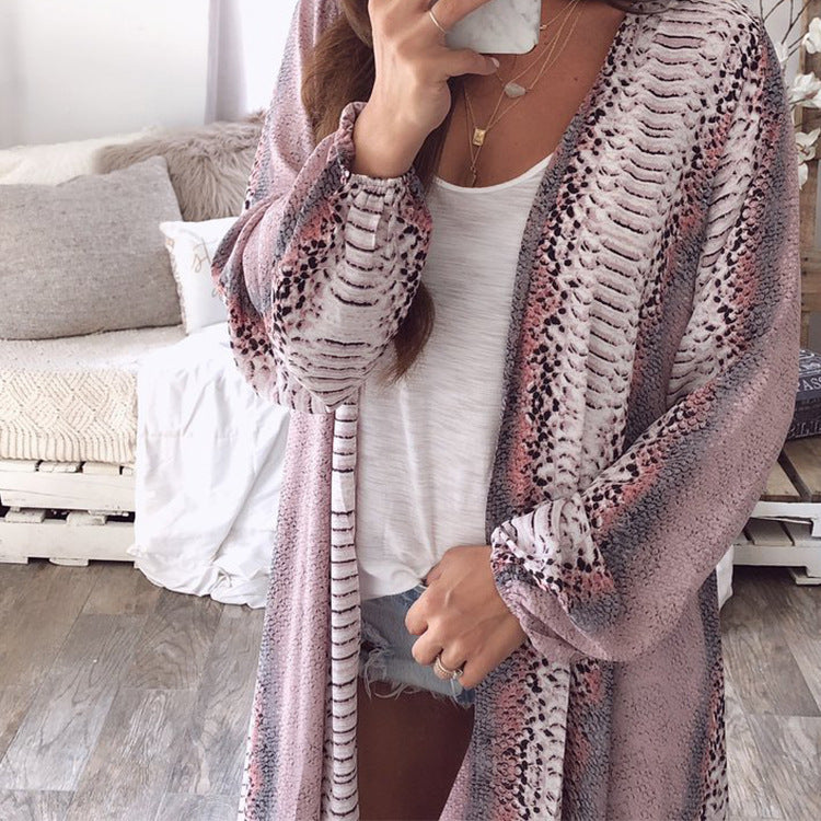 Manteau Long Cardigan Ample Imprimé Serpent en Mélange de Chanvre