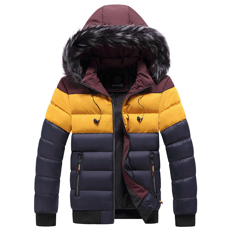 Splicing Hooded Thickened Cotton Down Jacket with Zipper