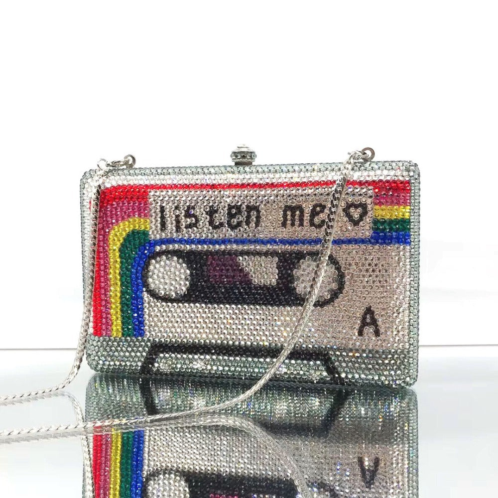Cassette Tape Crystal Evening Clutch Bag with Chain 16.5cm
