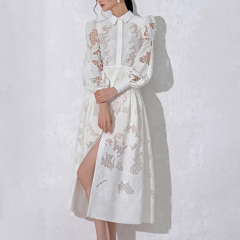 Lapel Long Lantern Sleeve Mid-length With Embroidery Dress