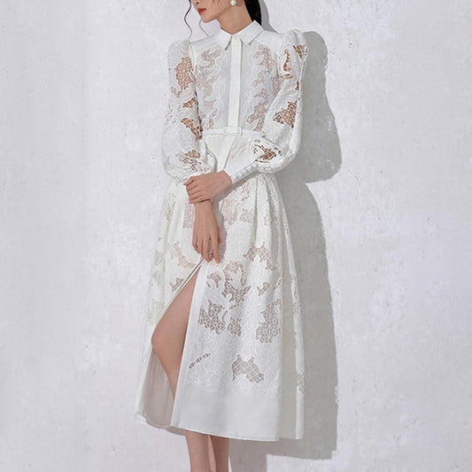 Lapel Long Lantern Sleeve Mid-length With Embroidery Dress