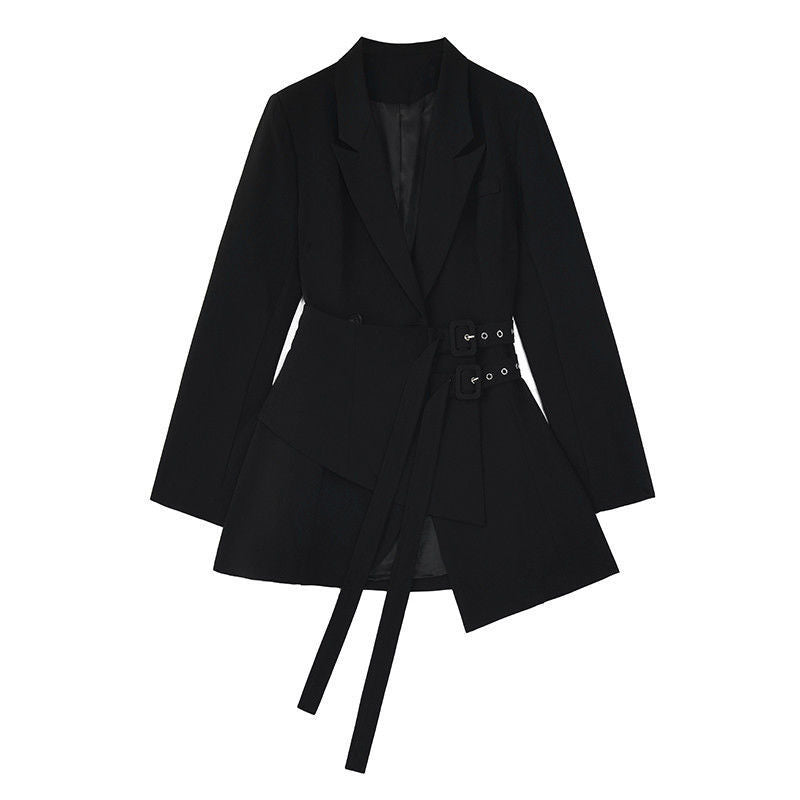 Women's Apricot Black Girdle Design Double-Breasted Blazer